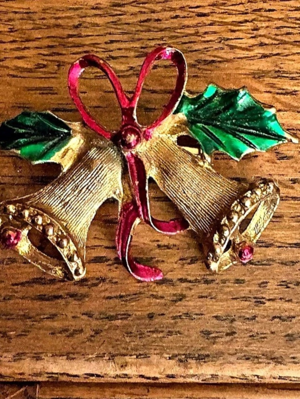 Vintage Christmas Gold & Green Holiday Bell Brooch